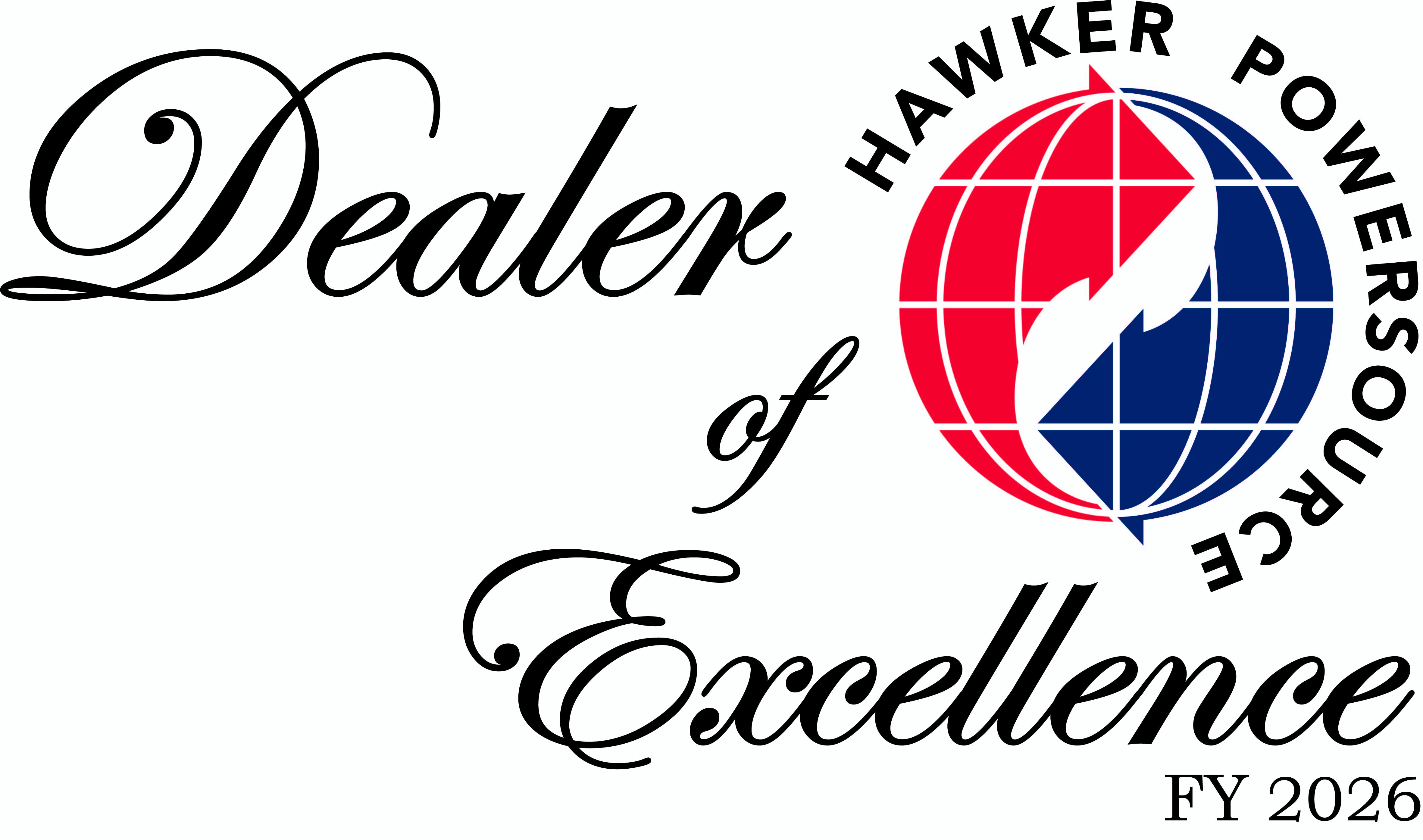 HAWKER Dealer of Excellence FY2026 logo with Hawker arrows